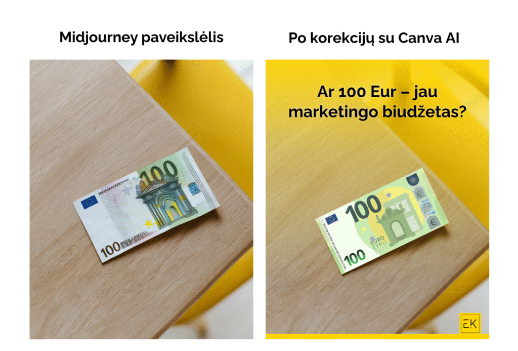 Canva AI panaudojimo paveikslėlių apdorojimui pavyzdys: prieš ir po nuotraukos
